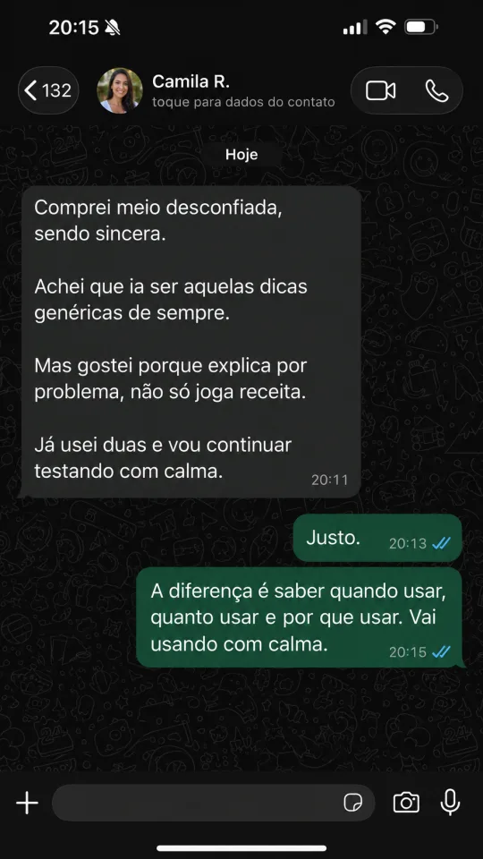 Depoimento de cliente no WhatsApp